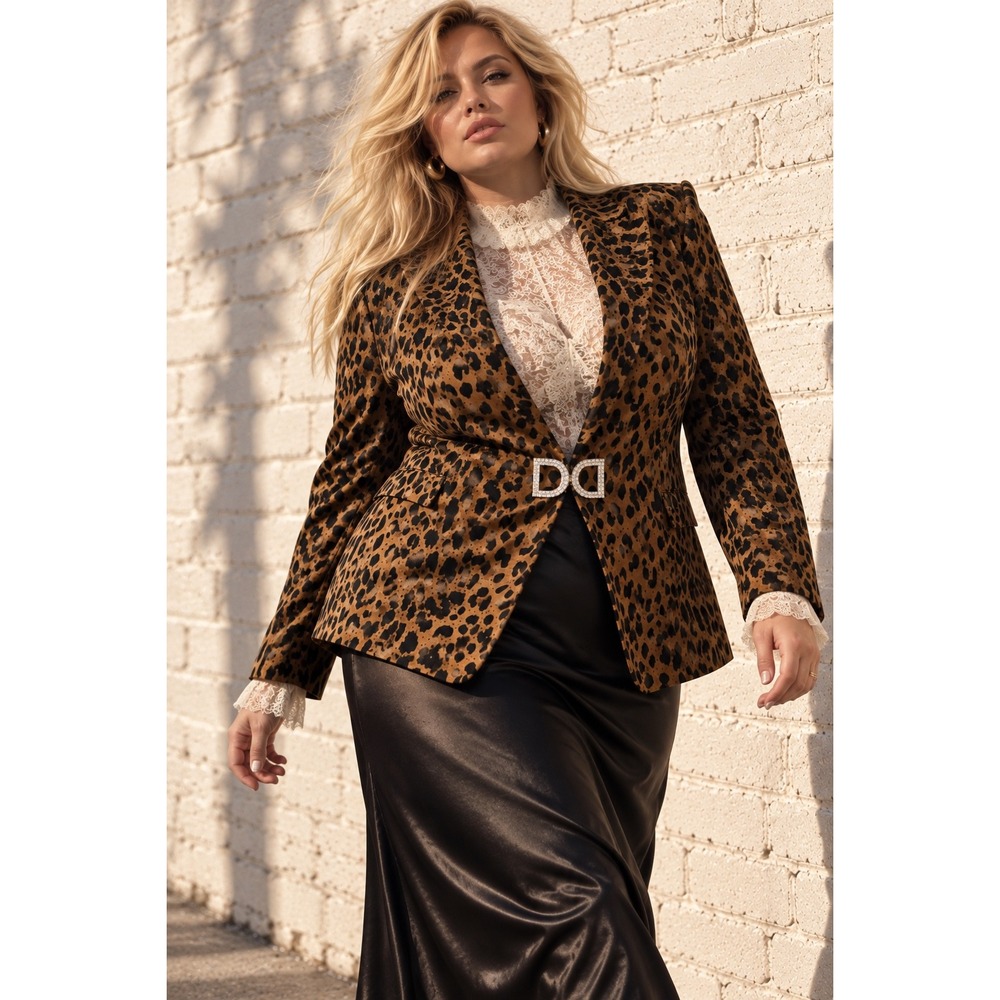 Vintage Nygard Brown Cotton Leopard Blazer Rhinestone Buckle Party Size 20